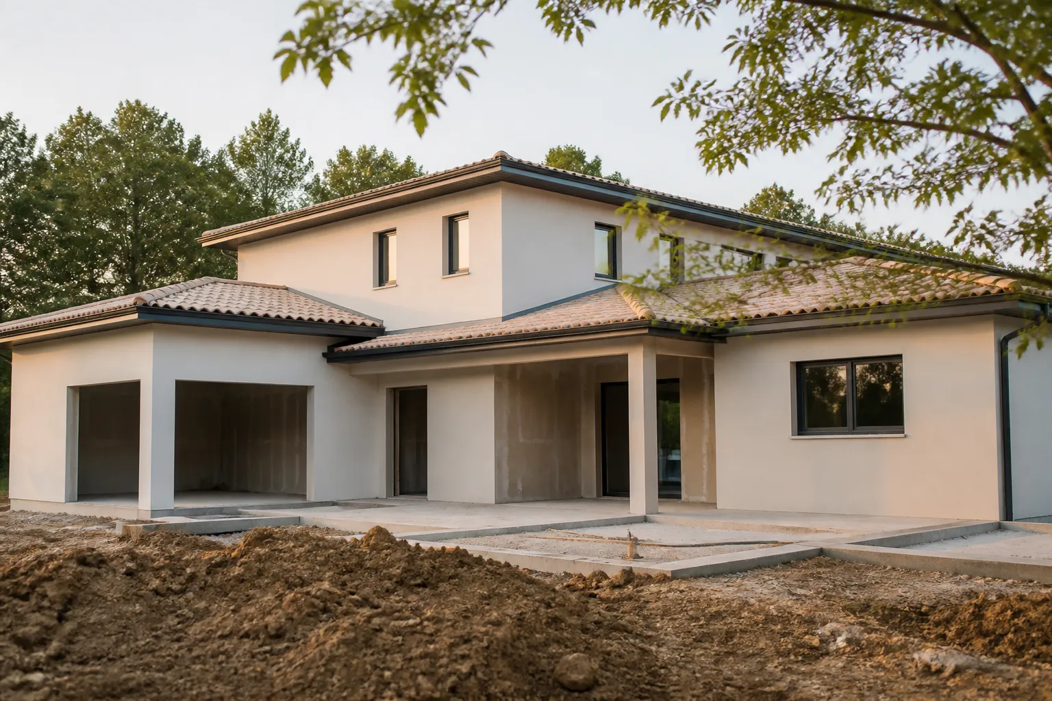 Maison individuelle neuve en cours de construction, en Gironde.