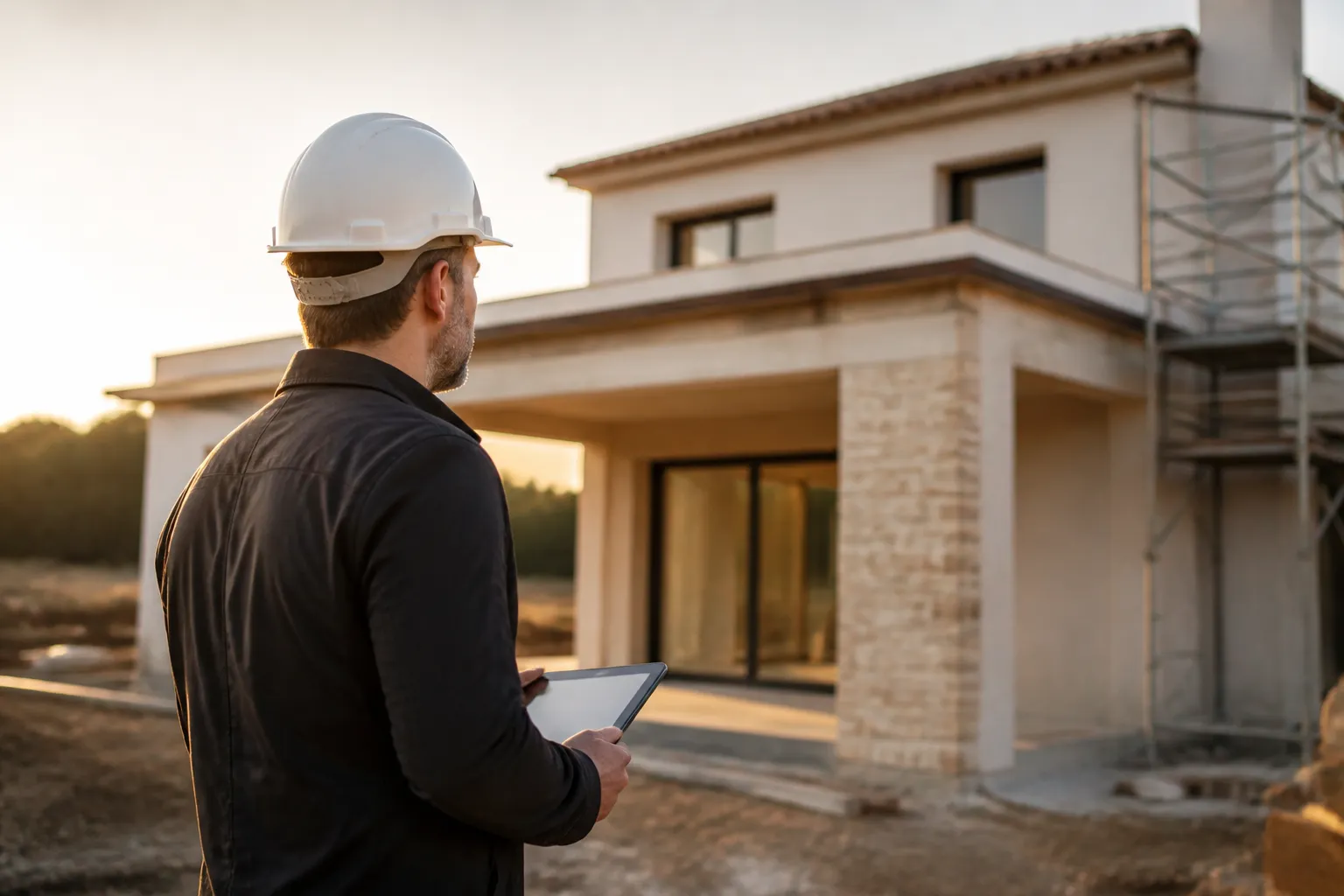 Expert en batiment avec casque de chantier lors d une visite, en Gironde.