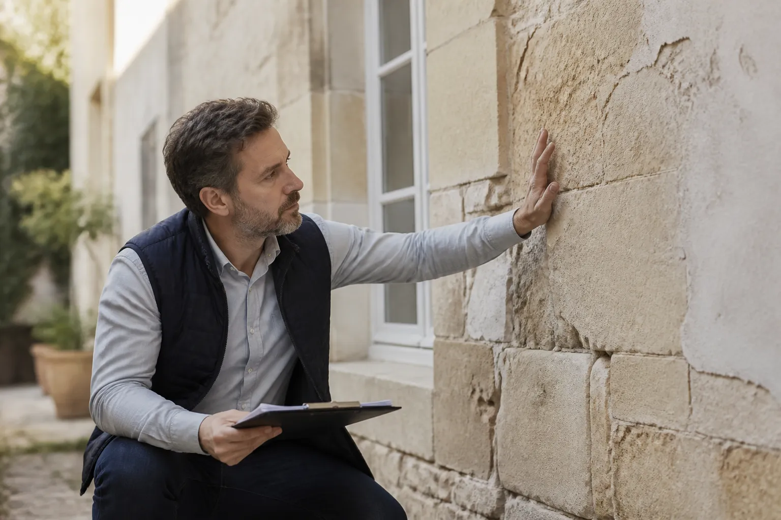 Expert en batiment inspectant une maison ancienne, en Gironde.