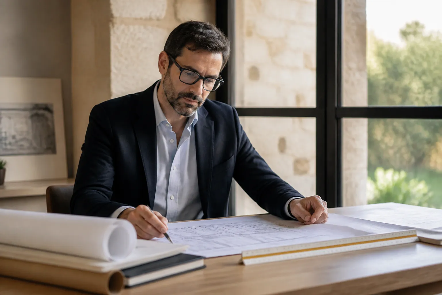 Expert en batiment etudiant des documents et des plans, en Gironde.