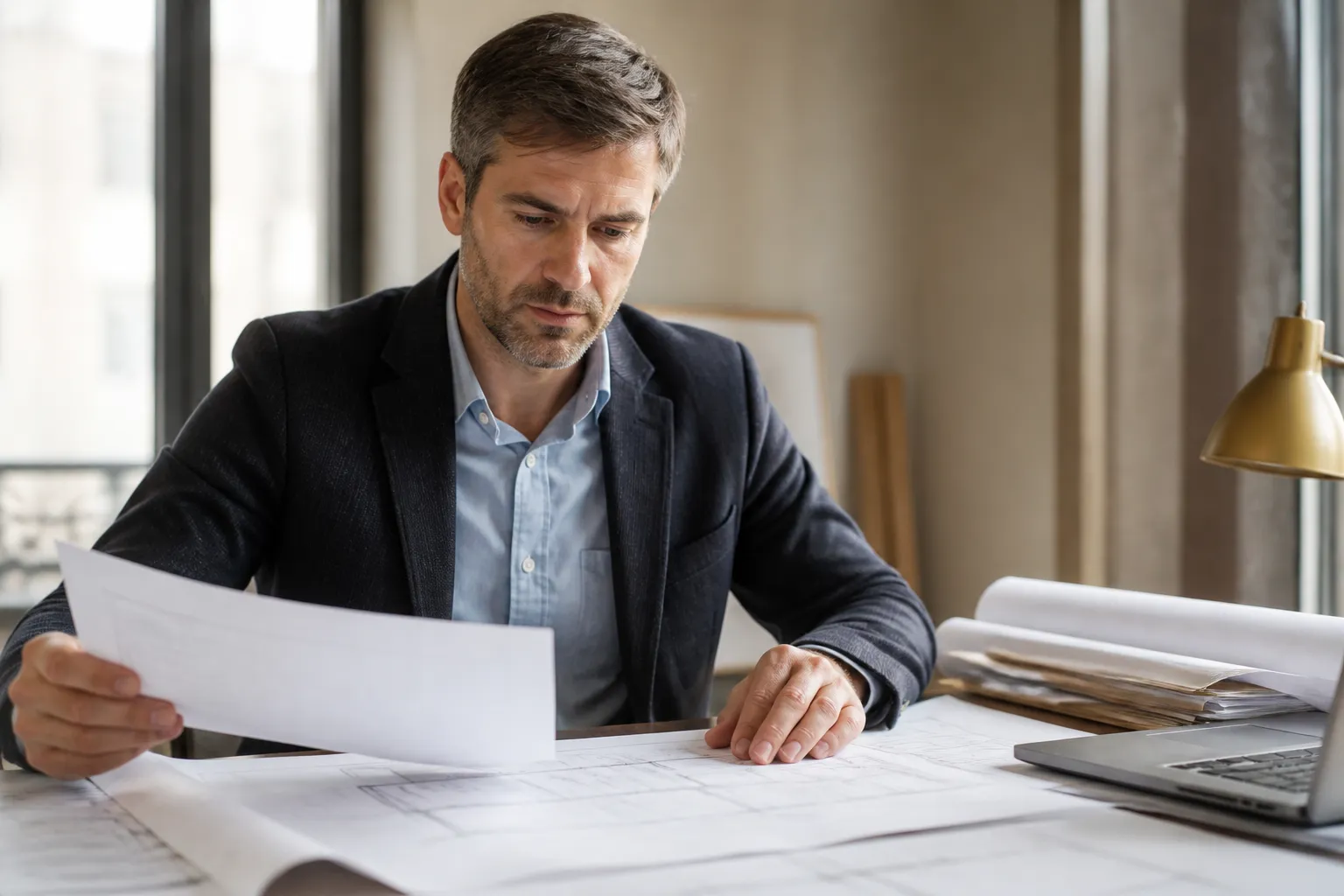 Expert en batiment examinant des documents d assurance et des plans, en Gironde.