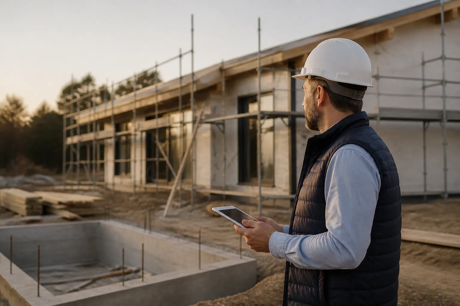 Expert en batiment avec casque controlant un chantier CCMI, en Gironde.