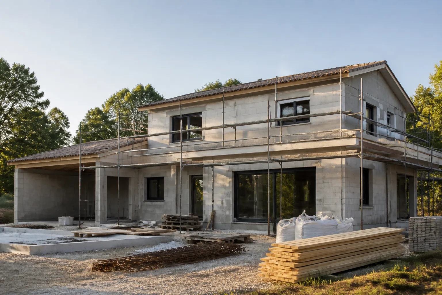 Chantier de construction d une maison individuelle neuve, en Gironde.