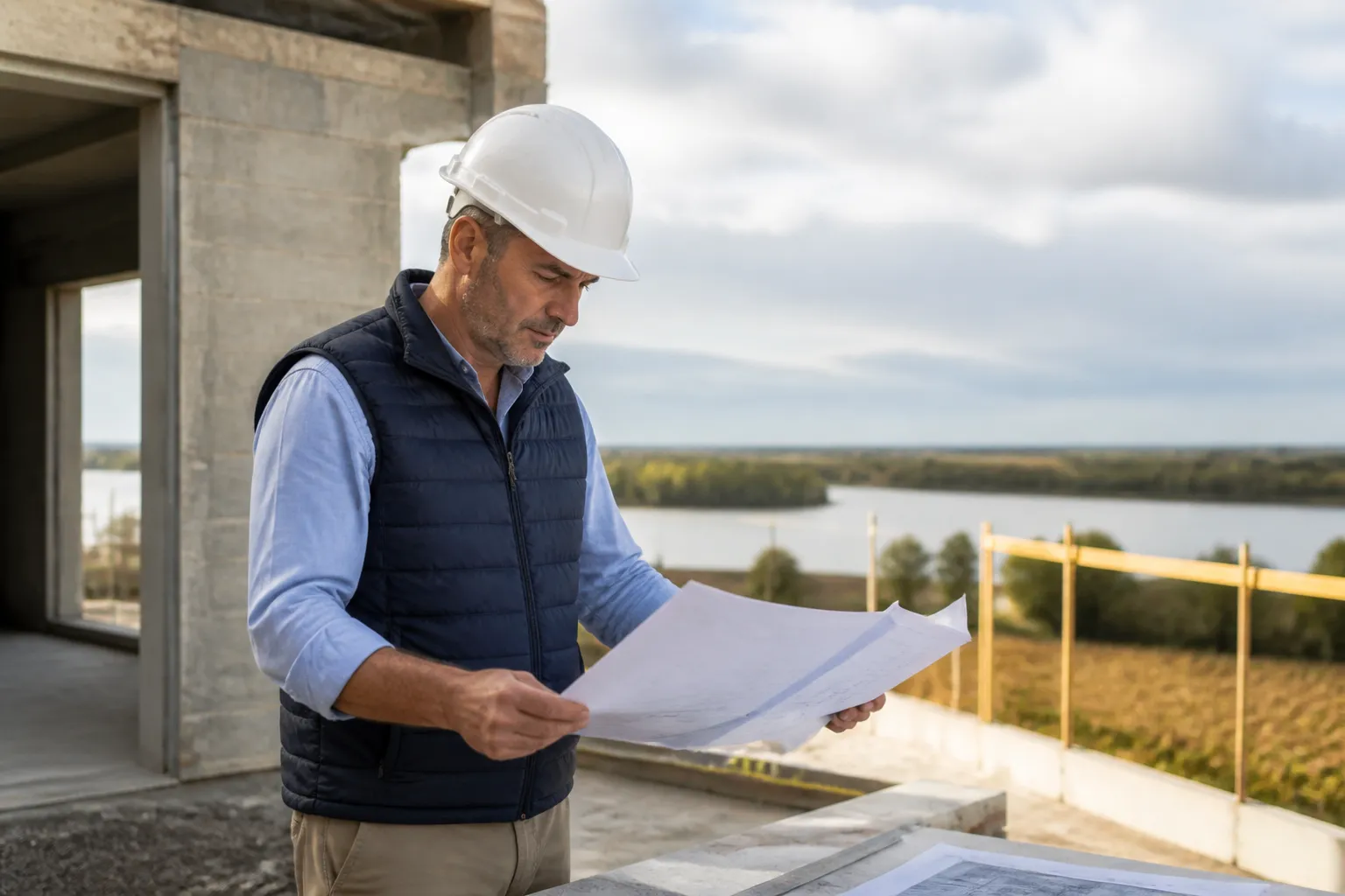 Expert en batiment avec casque examinant des plans de construction, en Gironde.