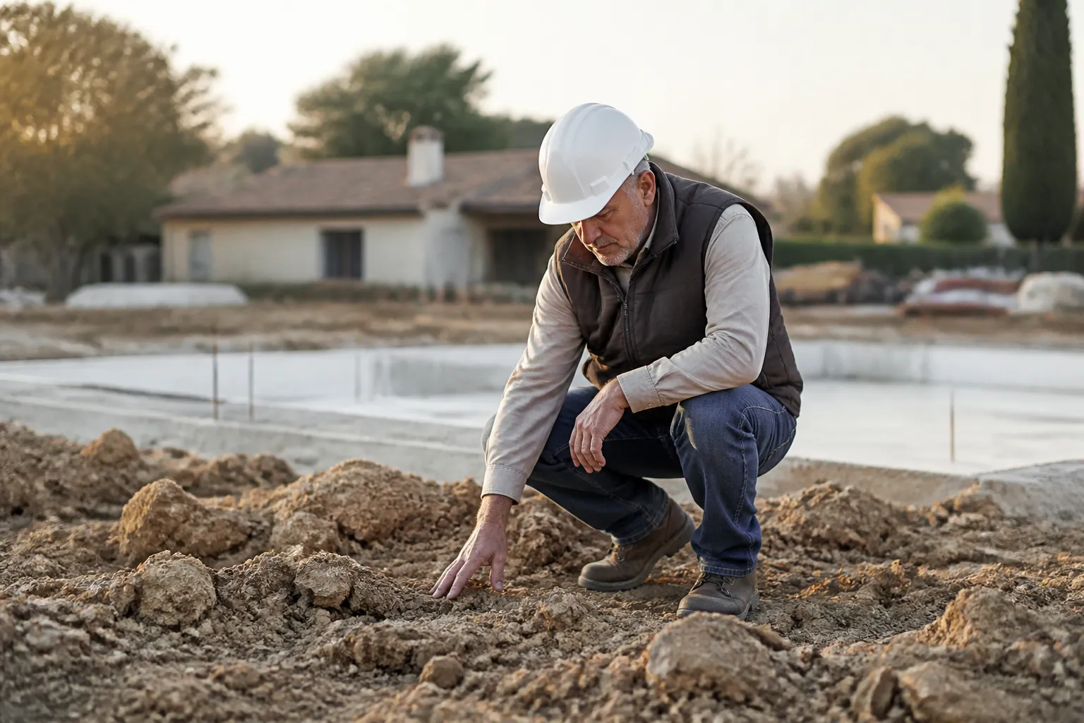 Expert en batiment examinant le sol d un terrain, en Gironde.