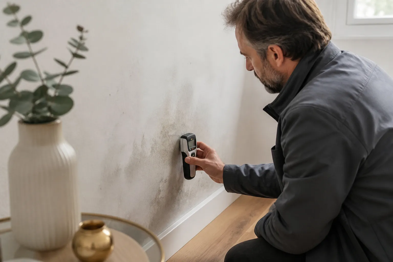 Un expert mesure l'humidité d'un mur, en Gironde.