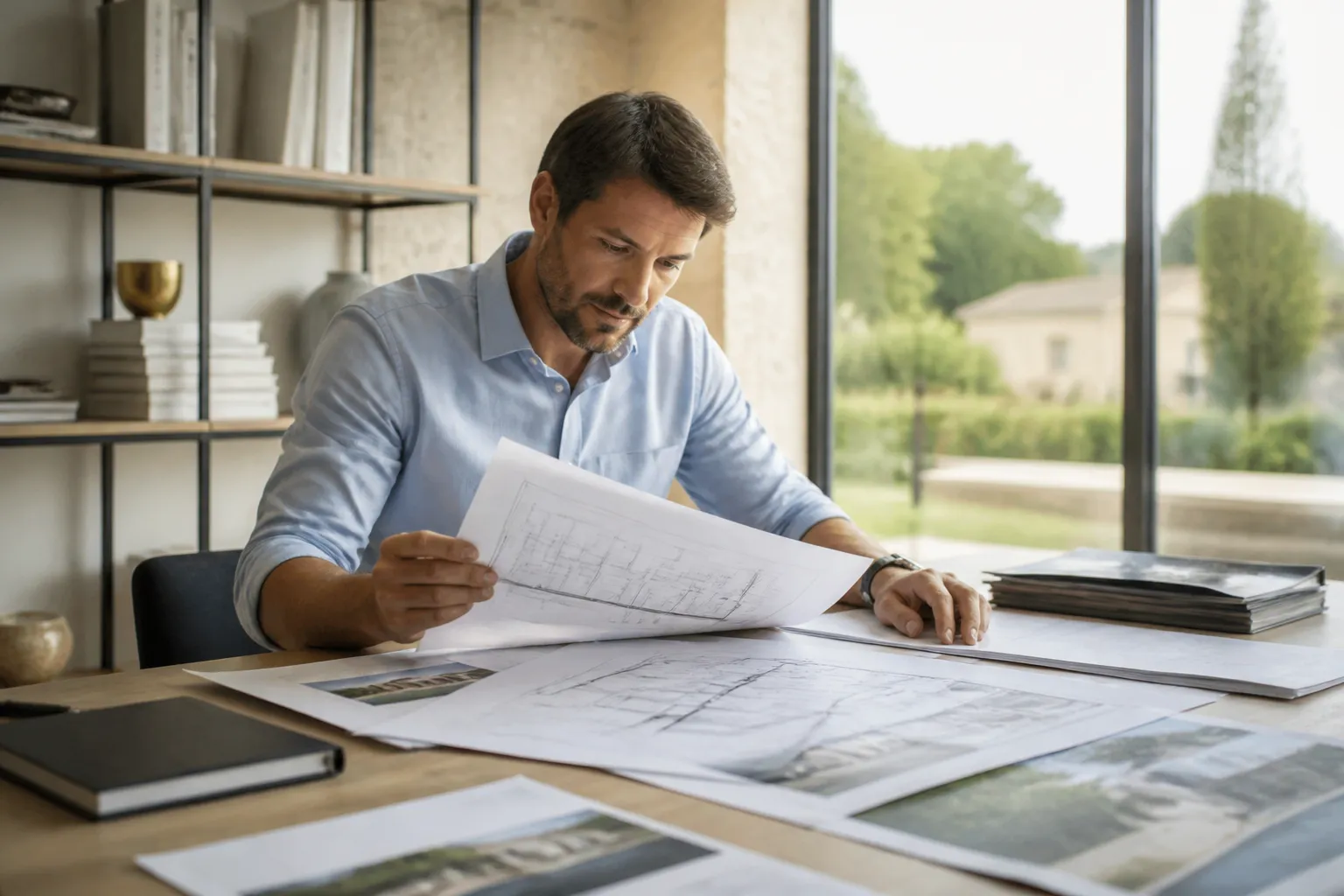Expert en batiment etudiant des documents et des plans de maison, en Gironde.