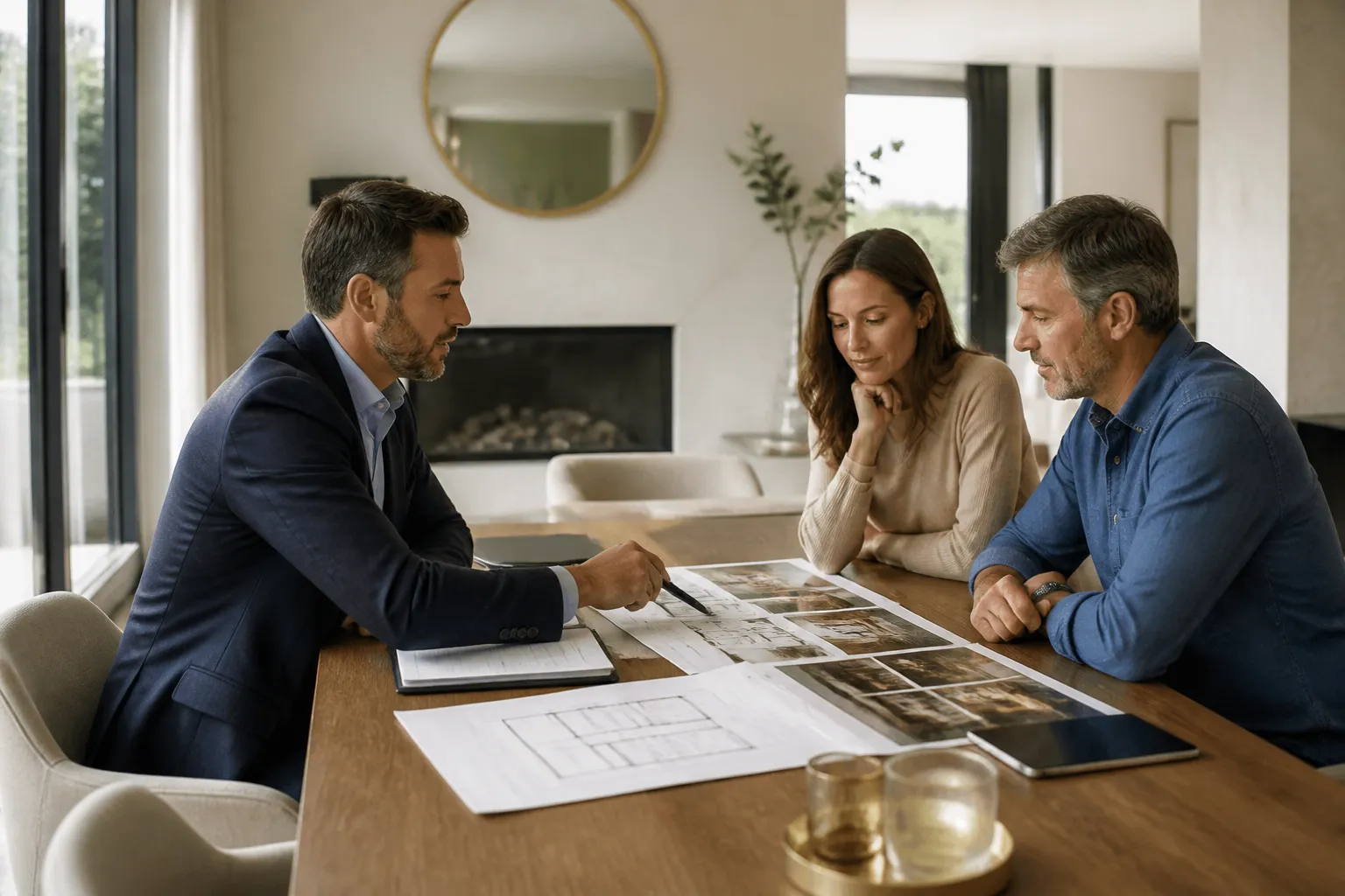 Un expert en bâtiment qui présente des documents et des plans à ses clients, en Gironde.