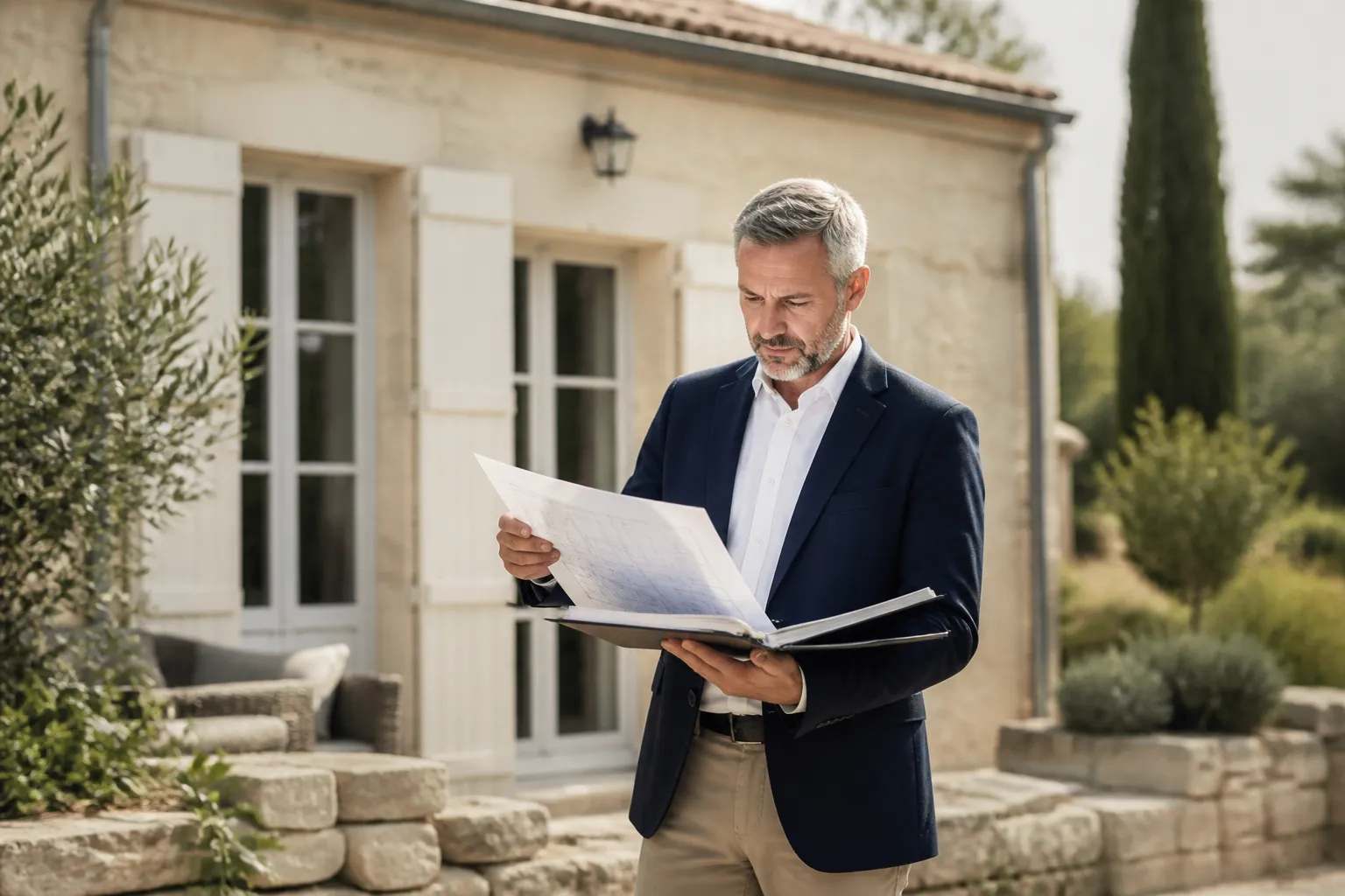 Un expert qui vérifie des documents de diagnostics immobiliers devant une maison, en Gironde.