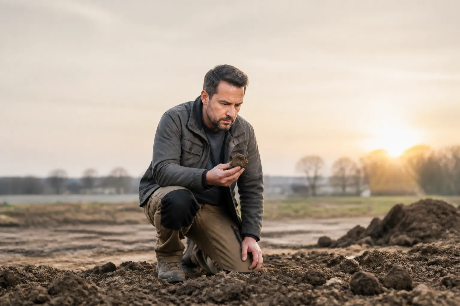 Un expert qui examine le sol d'un terrain pour une étude G1 G2, en Gironde.