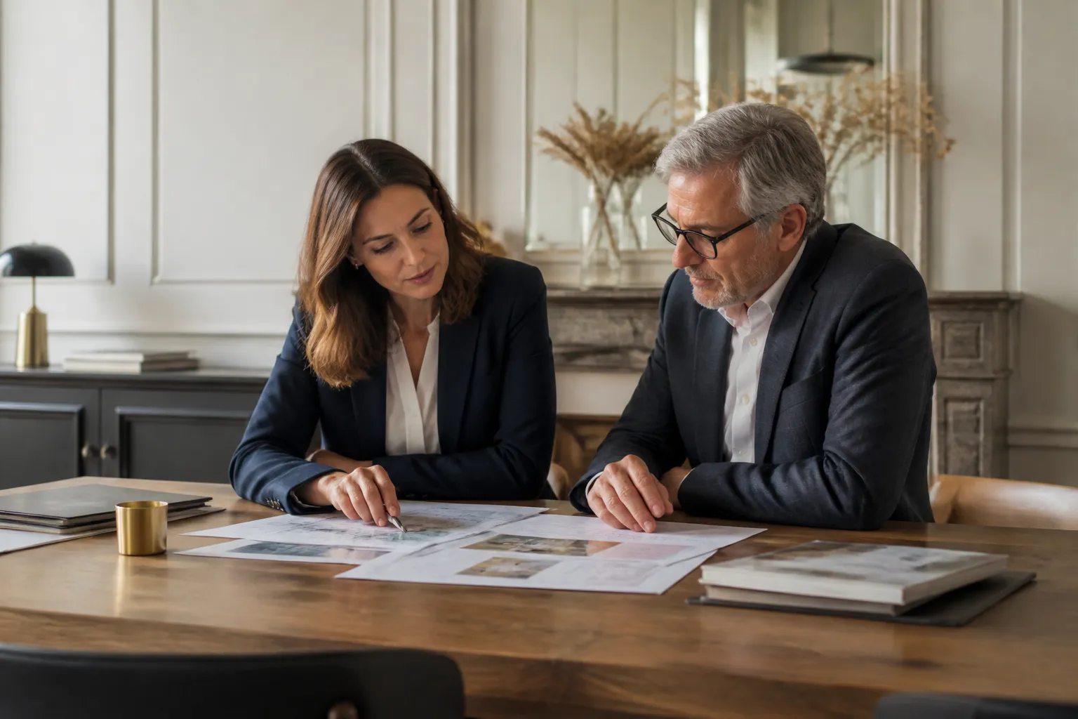 Deux experts qui comparent des documents et des plans lors d'une expertise contradictoire, en Gironde.