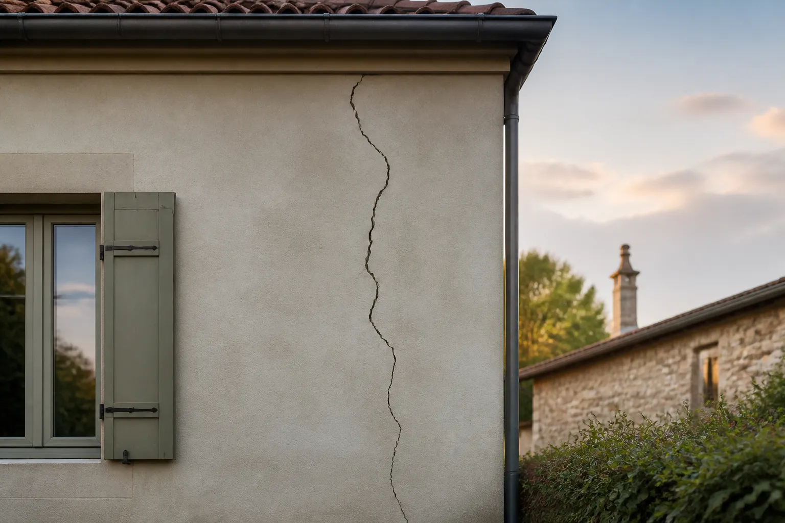 Une fissure sur la façade d'une maison après des travaux voisins, en Gironde.