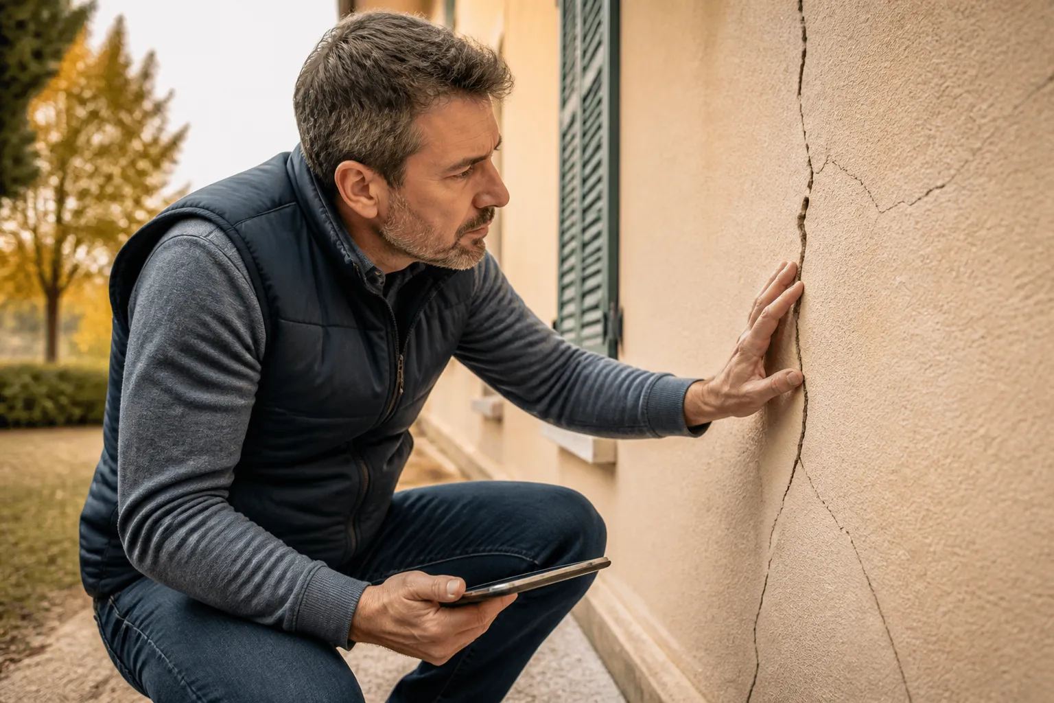 Un expert qui examine une fissure de façade pour évaluer un recours, en Gironde.