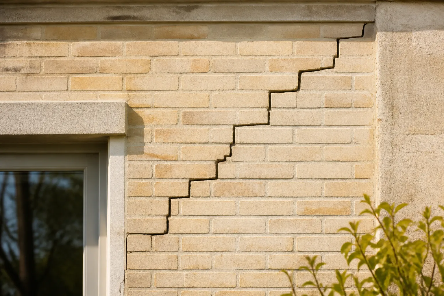 Une fissure en escalier sur une façade en briques, en Gironde.