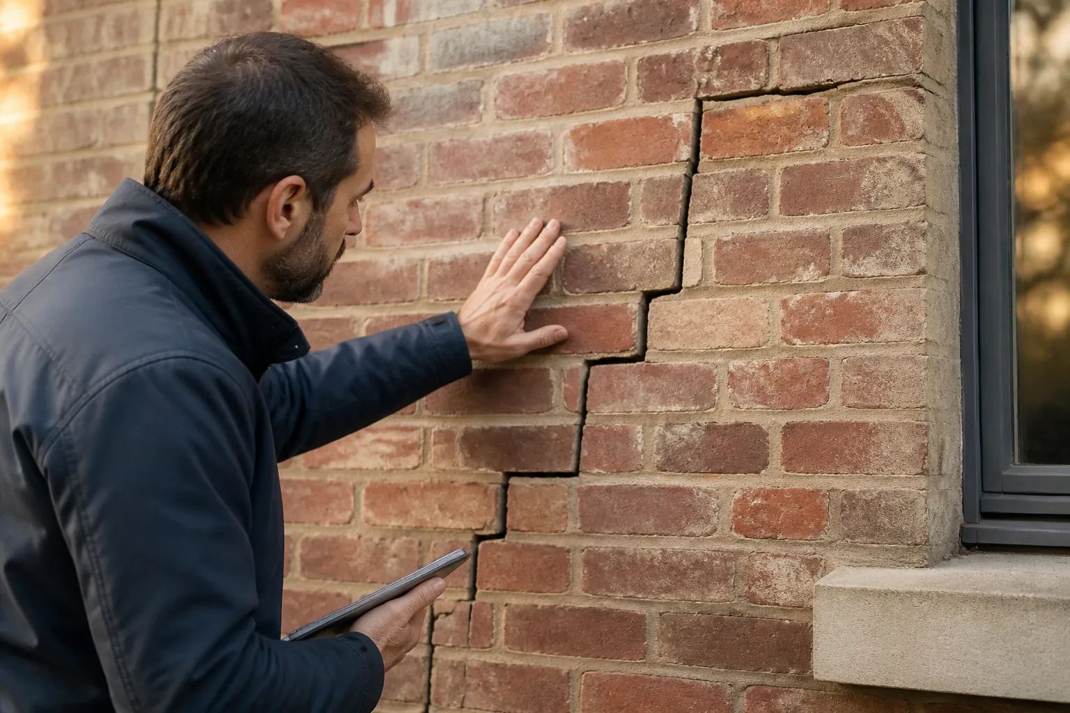 Un expert qui analyse une fissure en escalier sur une façade, en Gironde.
