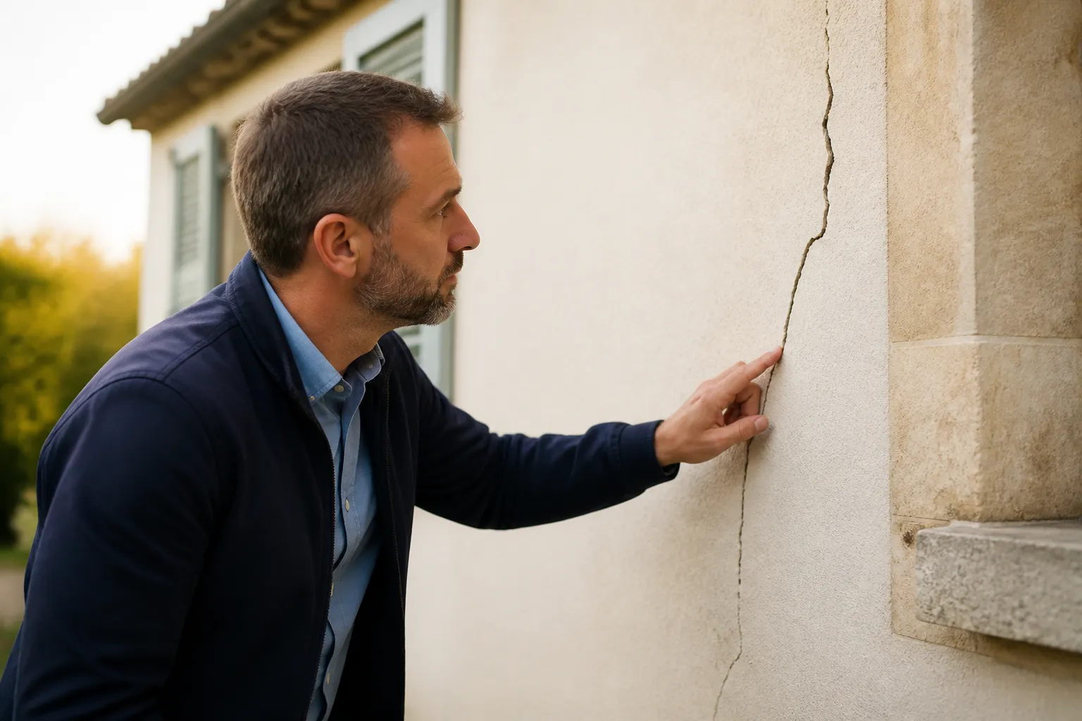 Un expert qui inspecte une fissure sur le mur d'une maison, en Gironde.