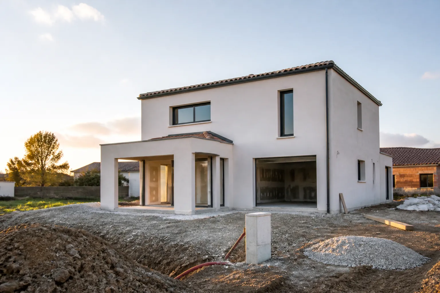 Une maison neuve en construction couverte par la garantie de livraison CCMI, en Gironde.