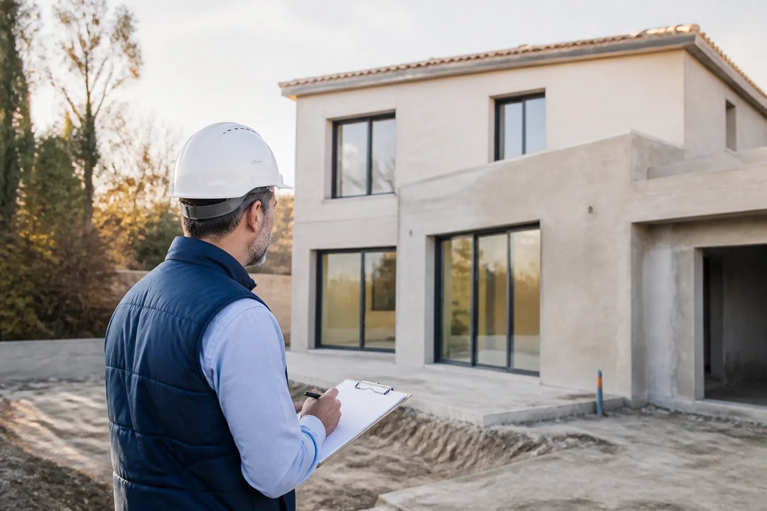 Un expert avec un casque qui inspecte un chantier de maison neuve, en Gironde.