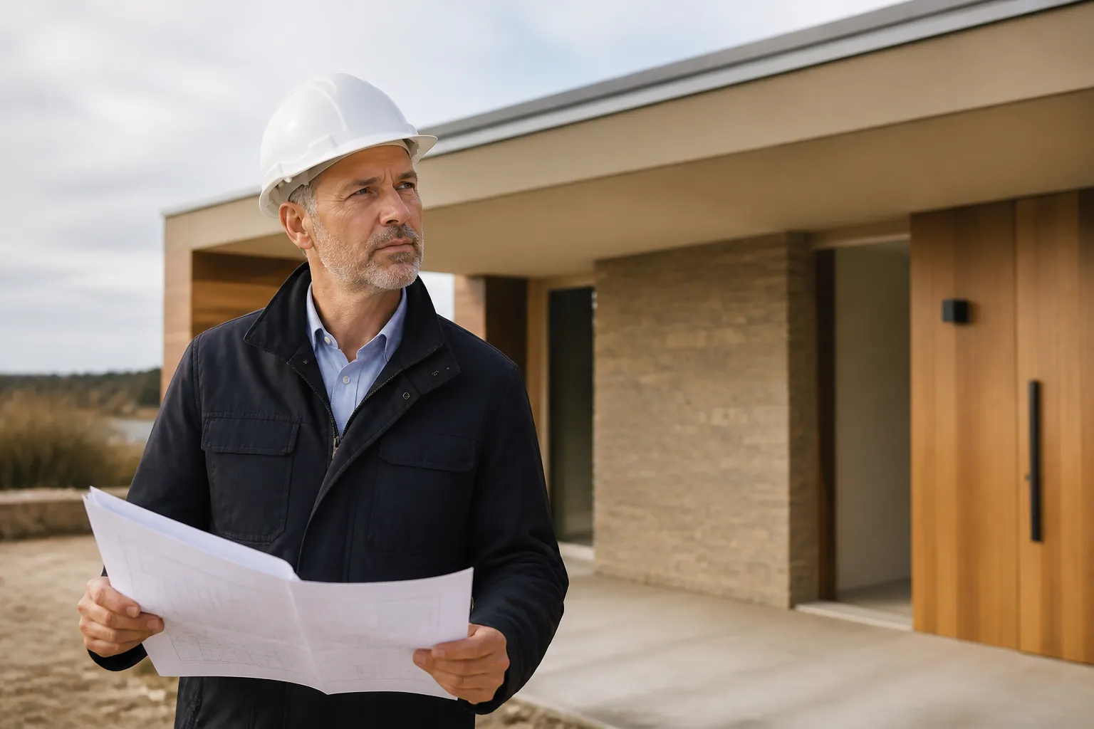 Un expert avec un casque qui vérifie une construction neuve avec des plans, en Gironde.