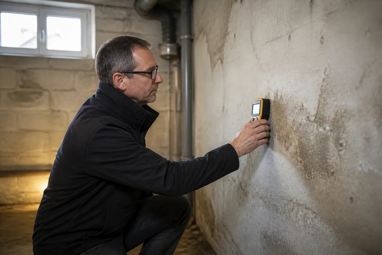 Expert en batiment mesurant l humidite d un mur de cave, en Gironde.