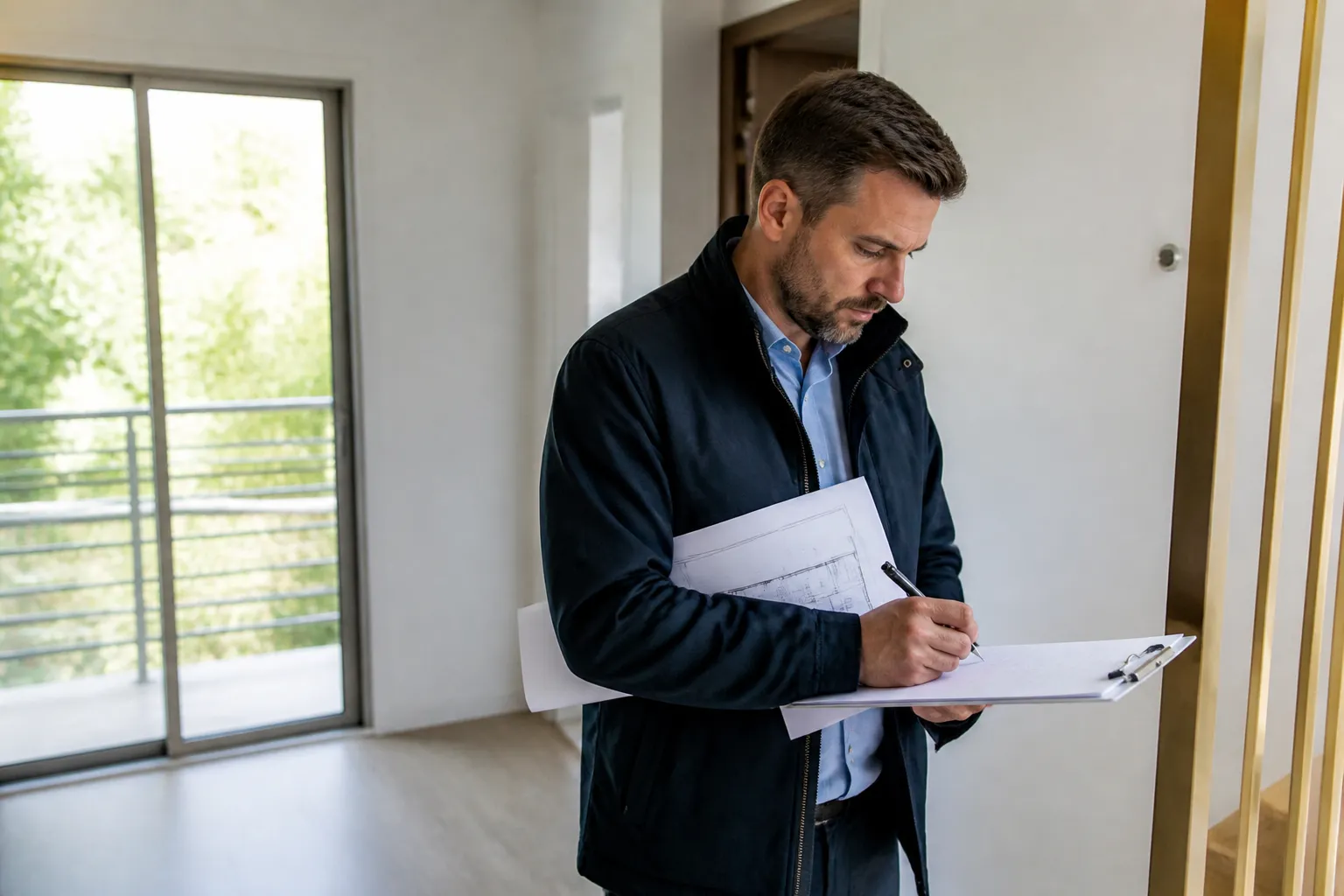 Expert en batiment notant les reserves de livraison d un logement neuf, en Gironde.