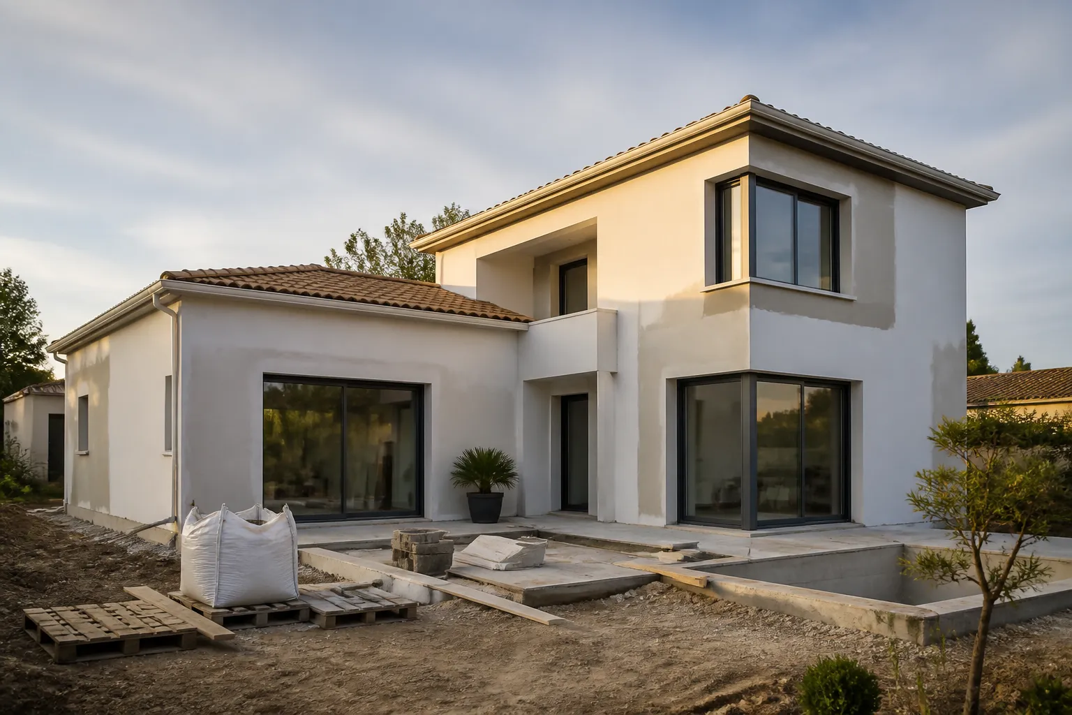 Maison neuve en construction aux finitions imparfaites, en Gironde.