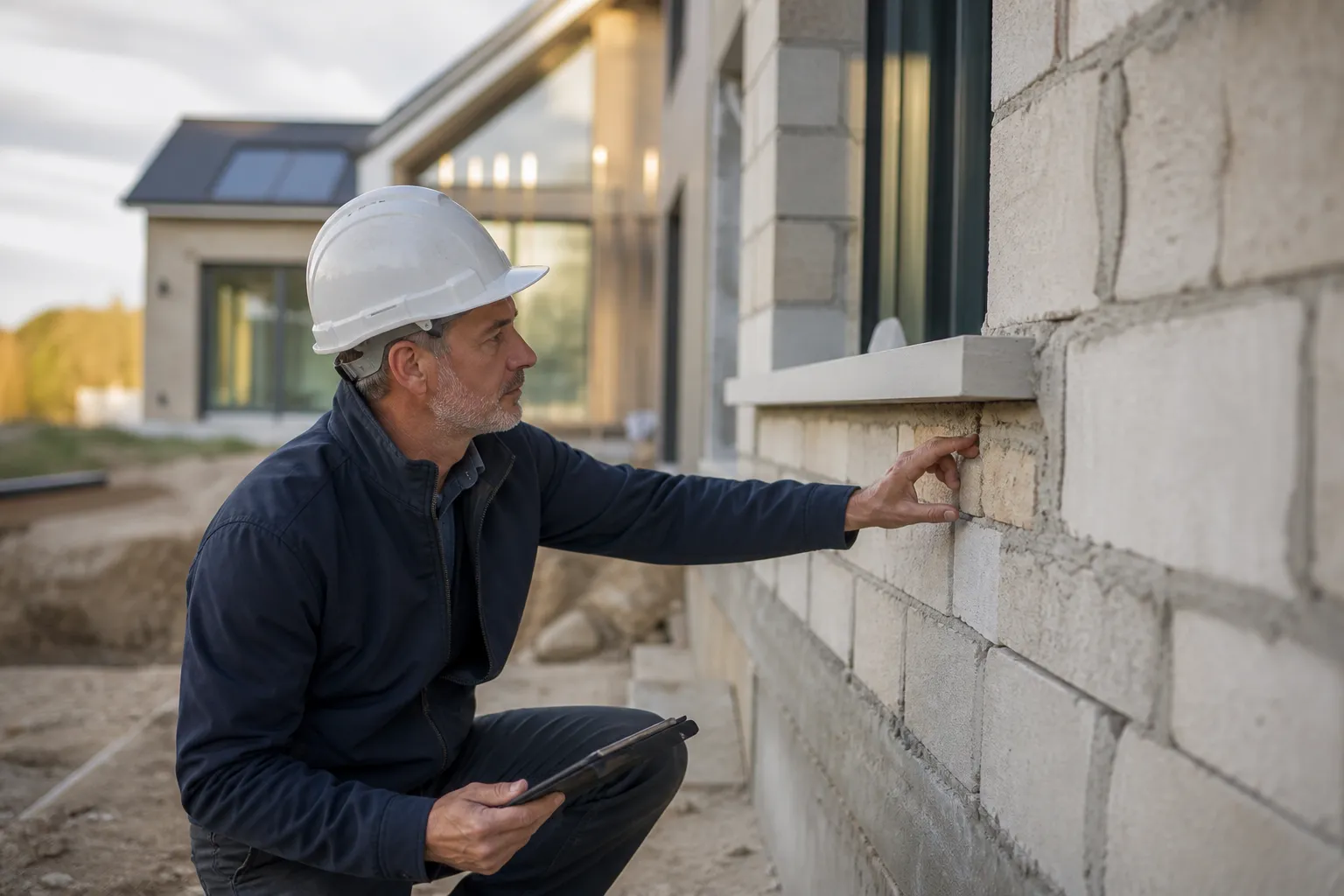 Expert en batiment avec casque inspectant une malfacon de chantier, en Gironde.
