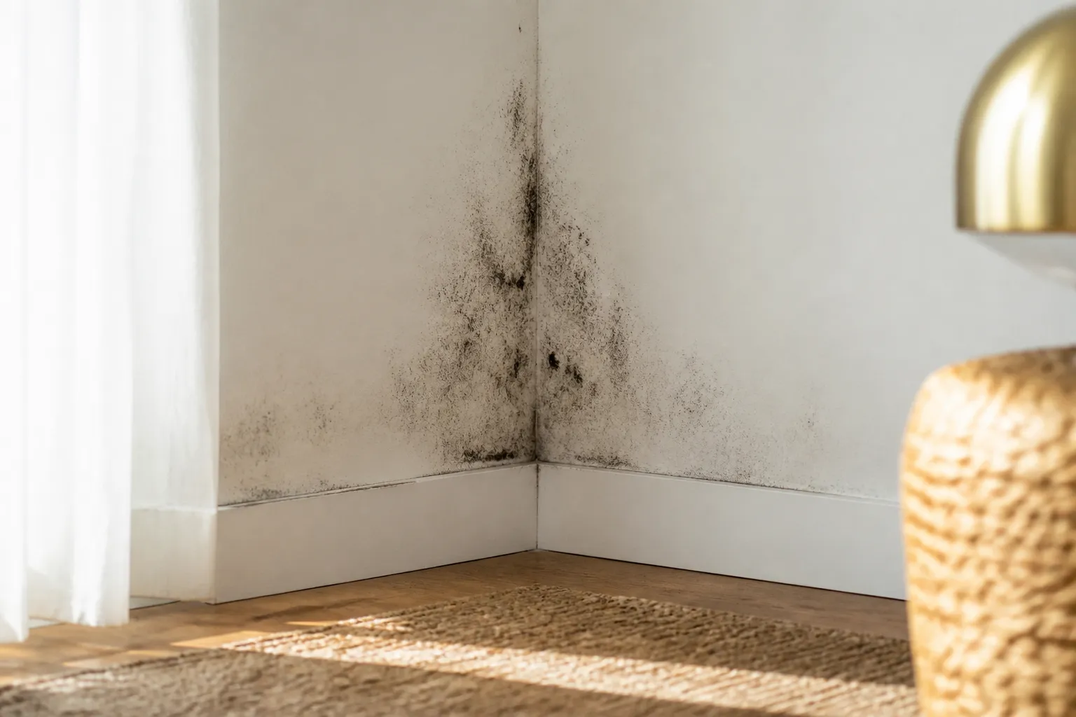 Moisissures dans l angle d un mur de logement, en Gironde.