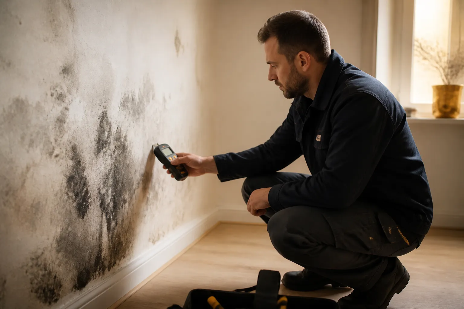 Expert en batiment mesurant l humidite pres d un mur moisi, en Gironde.