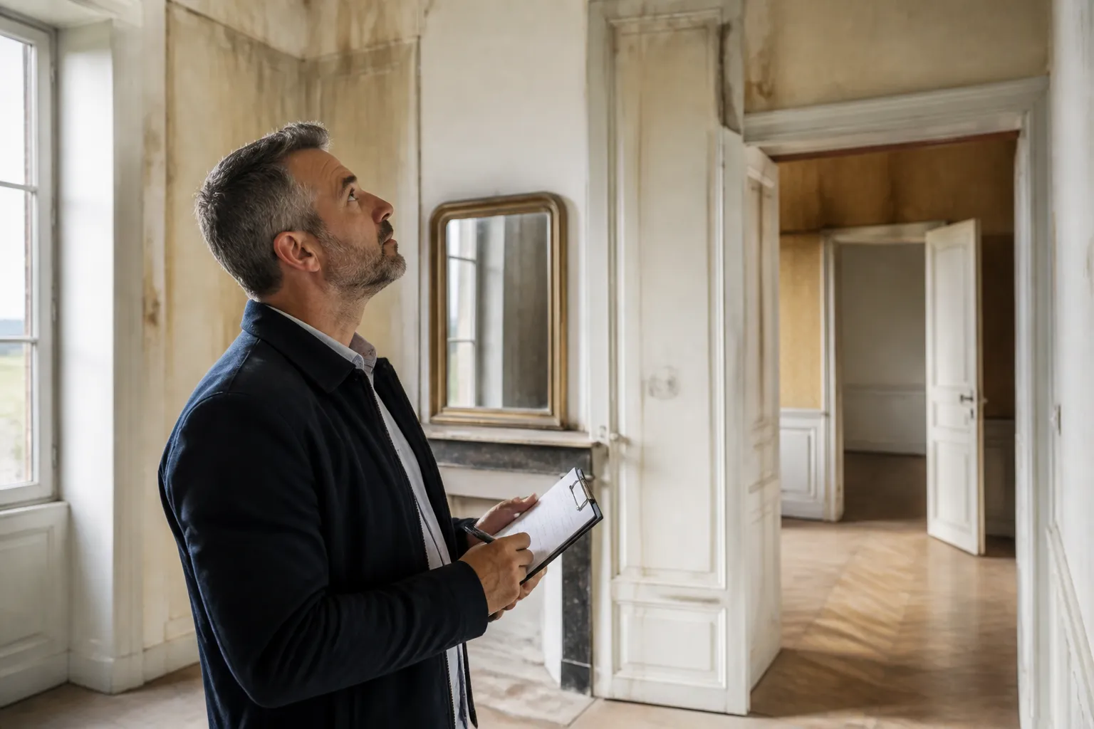 Expert en batiment inspectant une maison ancienne avant achat, en Gironde.