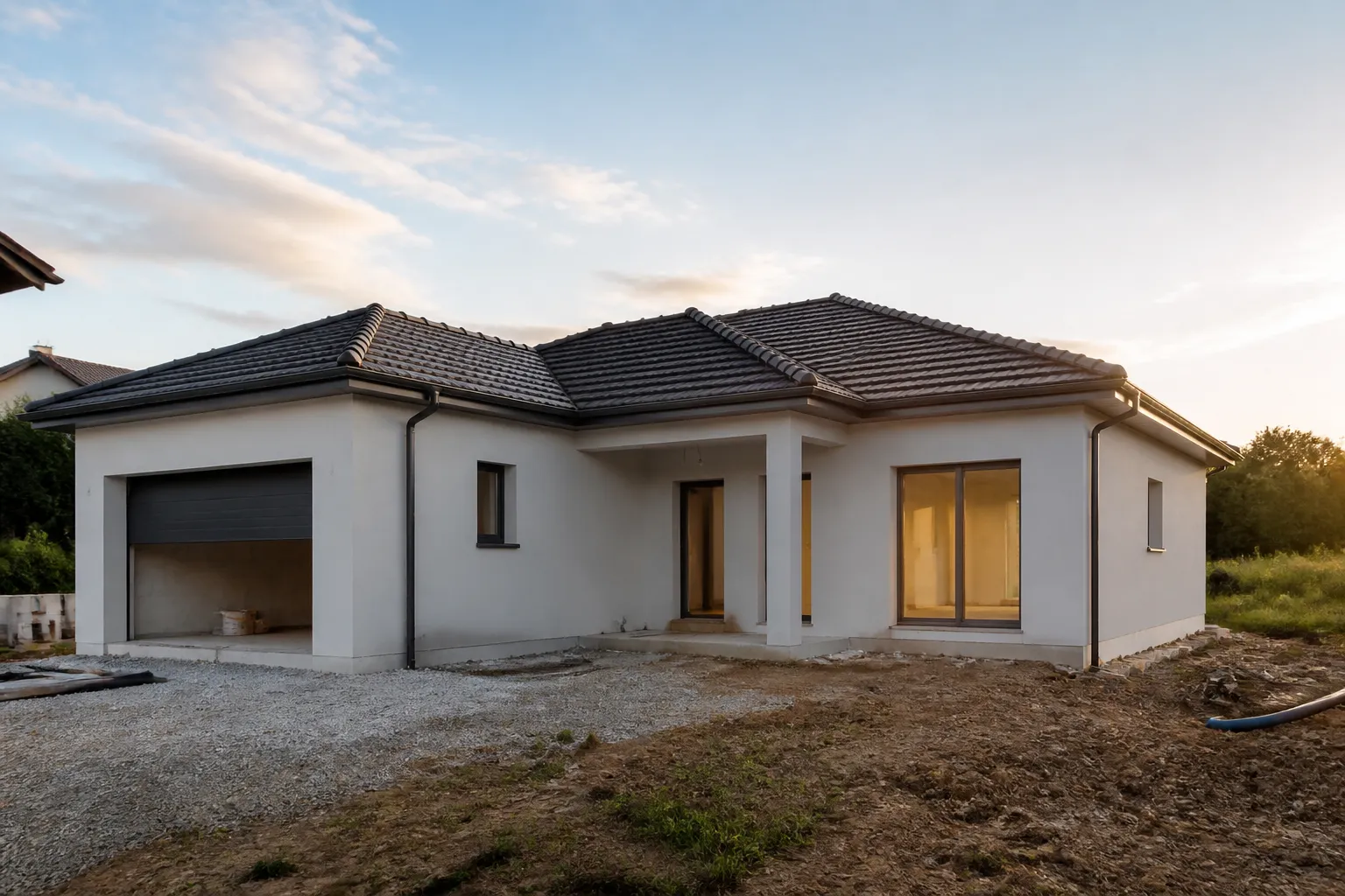 Maison individuelle neuve en construction sous CCMI, en Gironde.