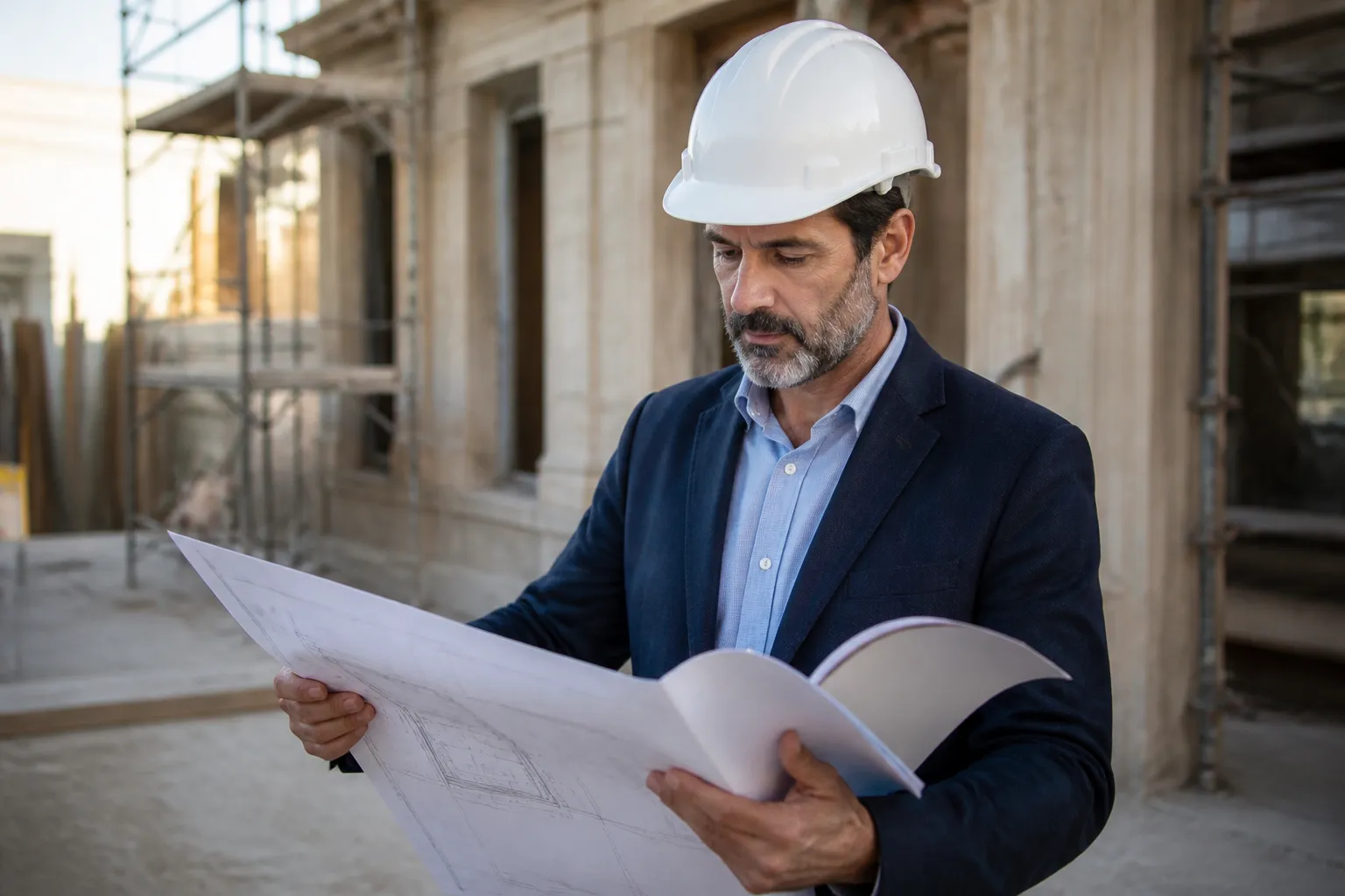 Expert en batiment casque lisant une notice descriptive sur le chantier, en Gironde.