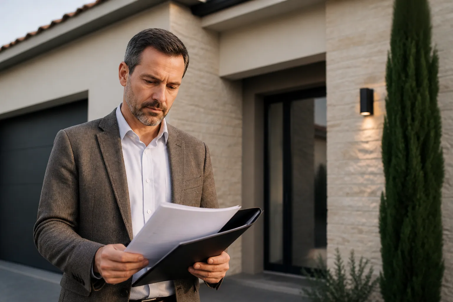 Expert en batiment independant consultant des documents devant une maison, en Gironde.
