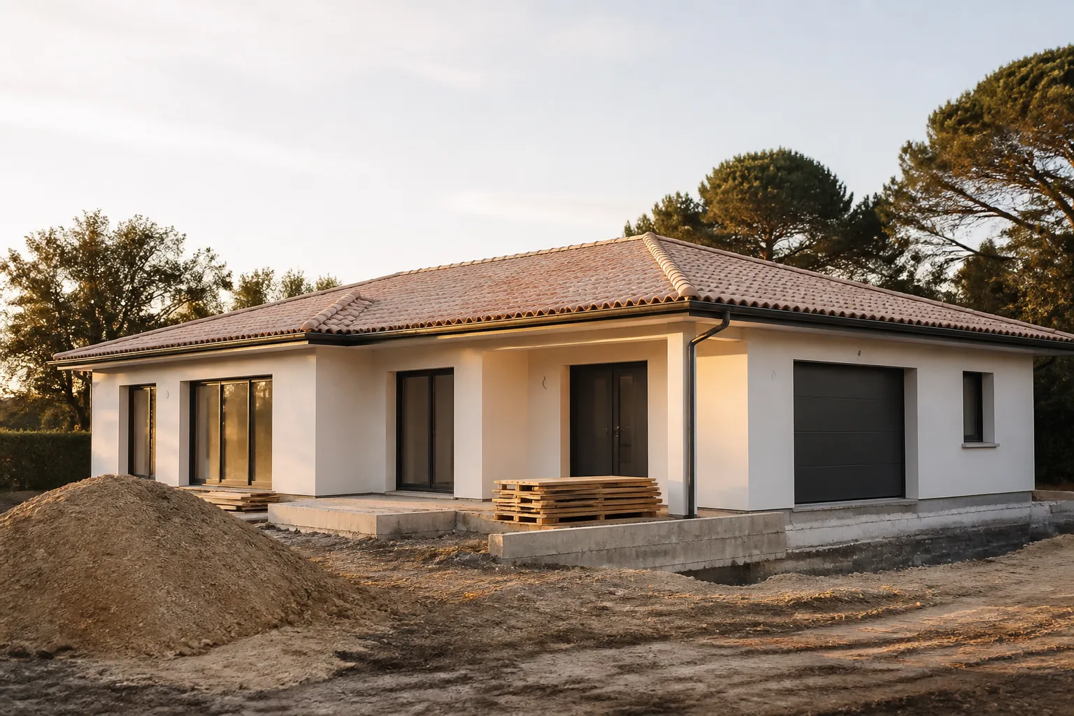 Maison individuelle neuve en cours de construction, en Gironde.