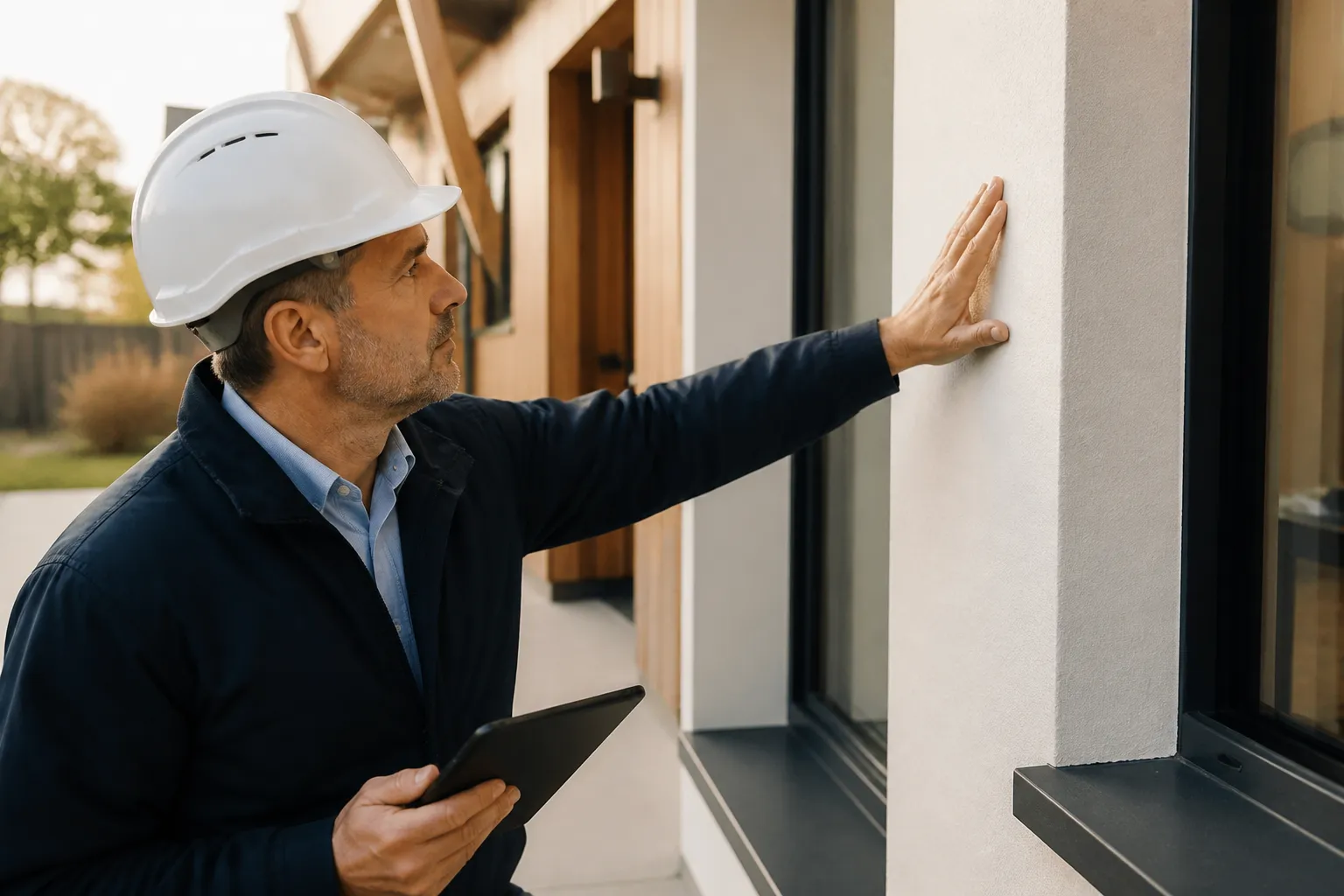 Expert en batiment avec casque inspectant une maison neuve avant la remise des cles, en Gironde.