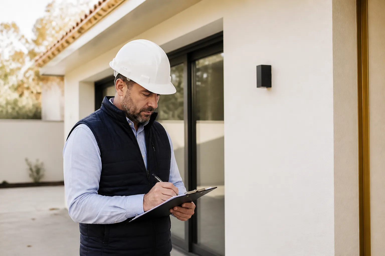 Expert en bâtiment avec casque notant les réserves lors de la réception, en Gironde.
