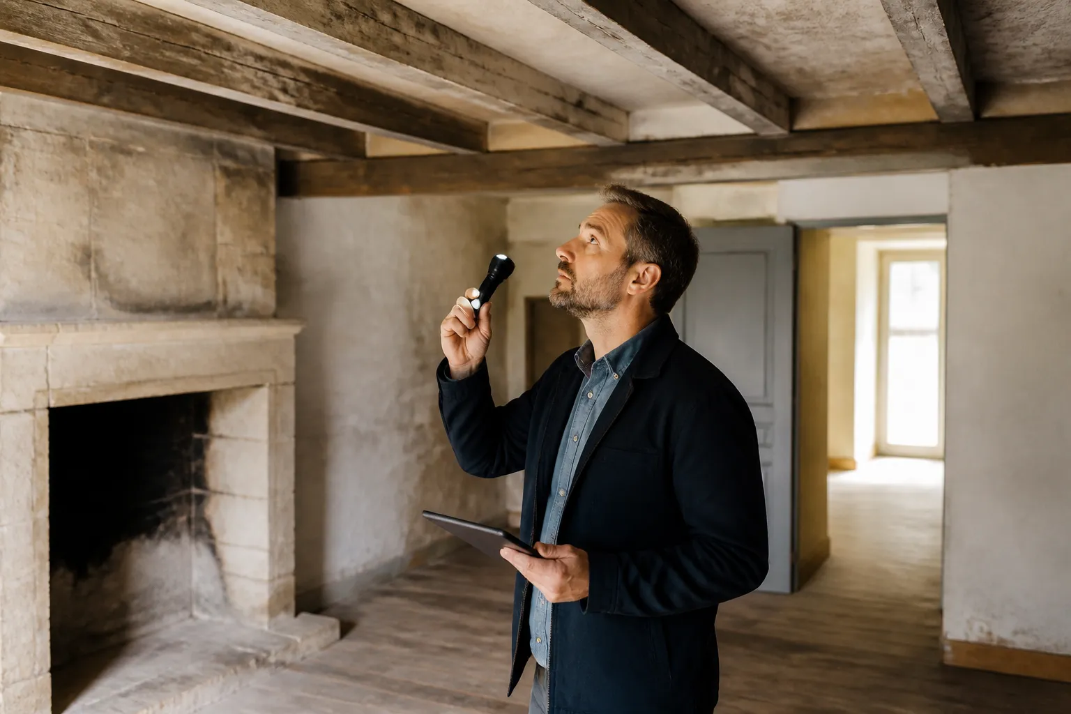 Expert en bâtiment inspectant une maison ancienne à la recherche de vices cachés, en Gironde.