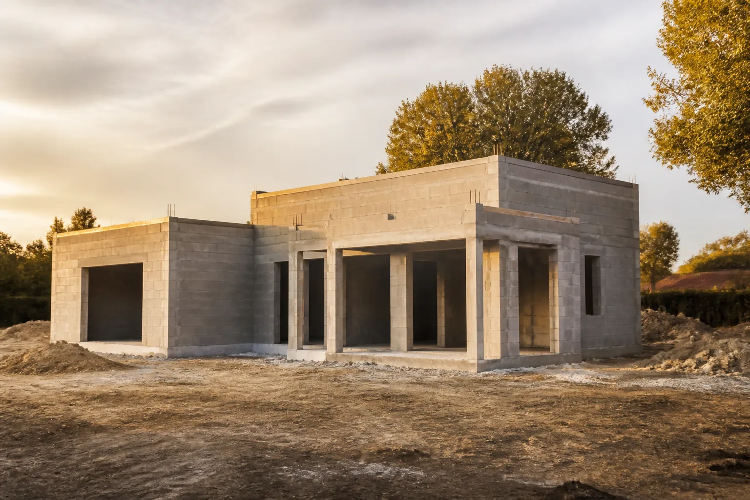 Maison individuelle neuve en chantier au stade du gros oeuvre, en Gironde.