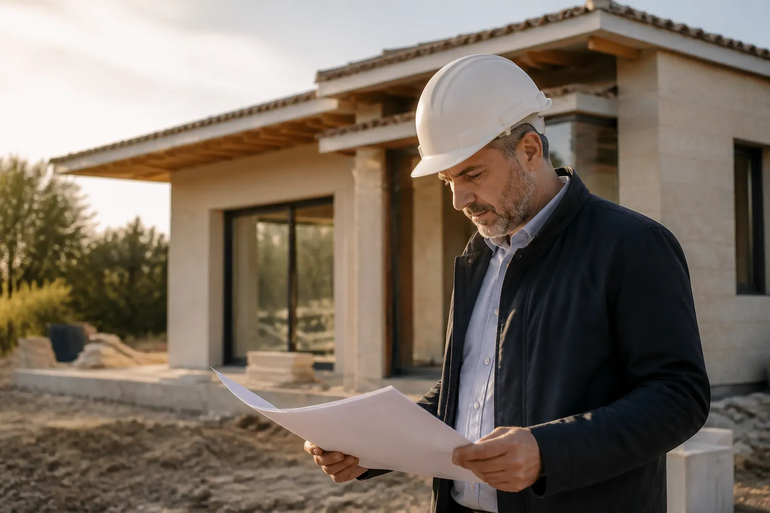 Expert en bâtiment avec casque consultant des documents devant une maison en construction, en Gironde.