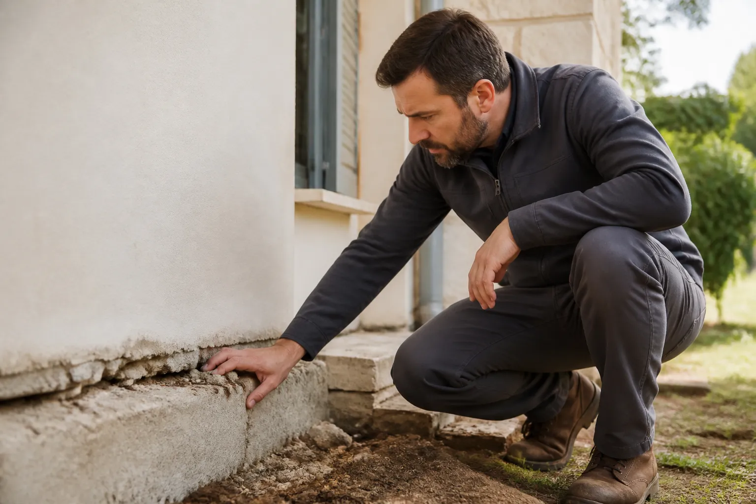 Expert en bâtiment examinant le sol et les fondations d'une maison, en Gironde.
