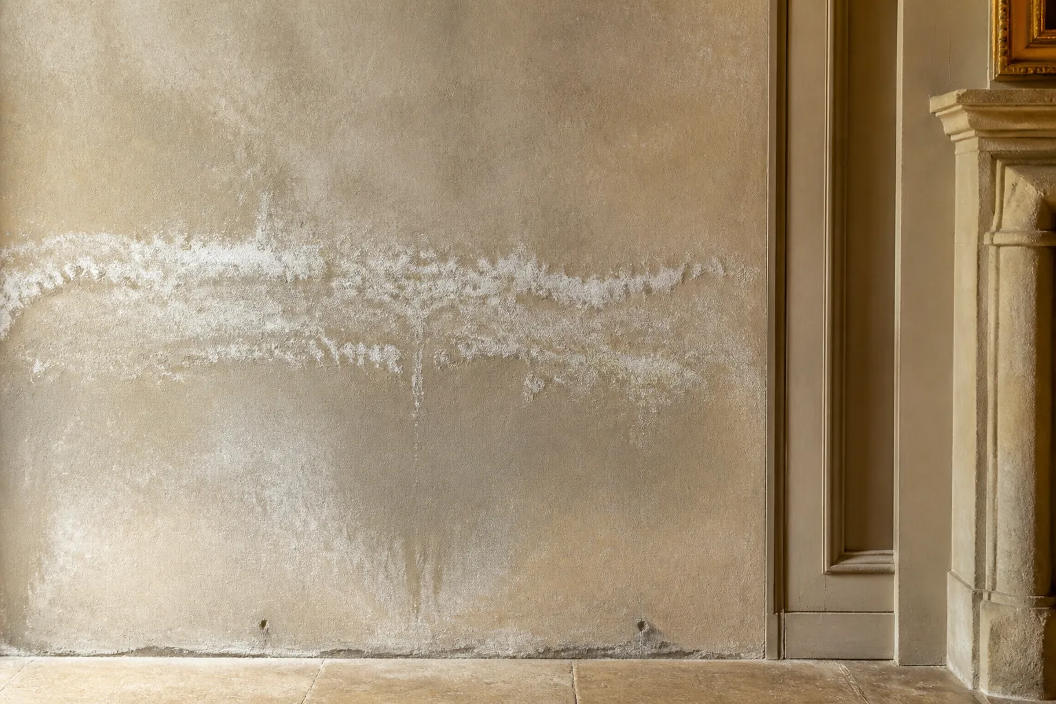 Traces blanches de salpêtre sur un mur ancien, en Gironde.