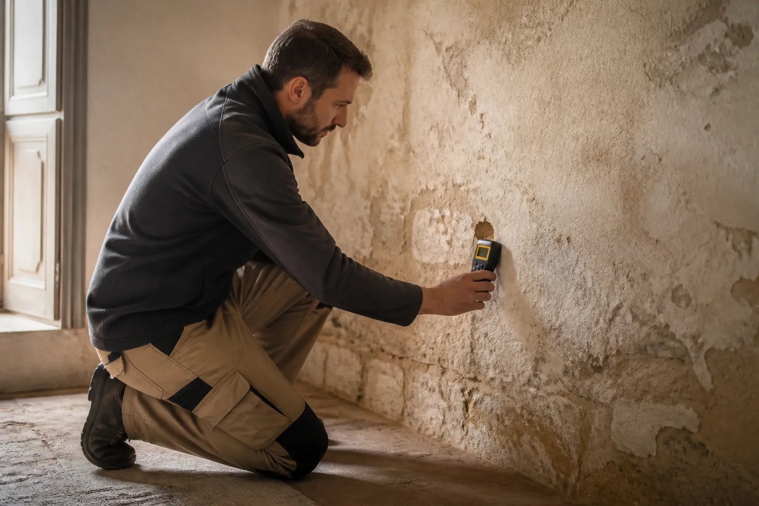 Expert en bâtiment mesurant l'humidité d'un mur touché par le salpêtre, en Gironde.