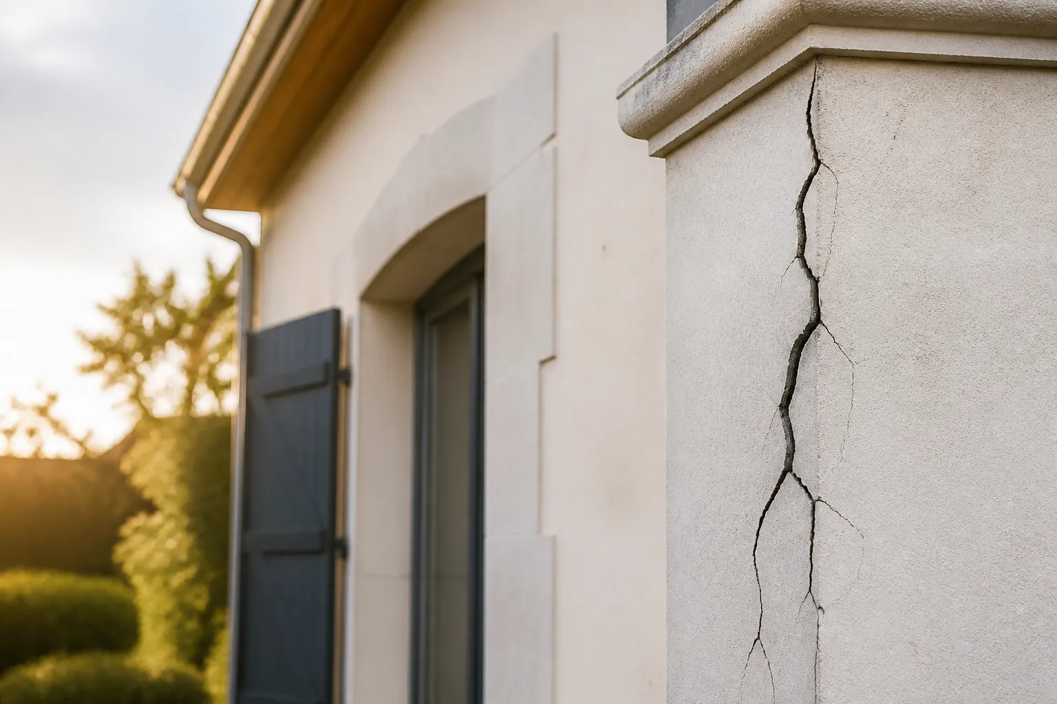 Fissure importante sur la façade d'une maison touchée par la sécheresse, en Gironde.