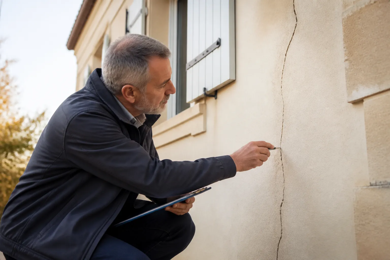 Expert en bâtiment examinant une fissure sur la façade d'une maison, en Gironde.