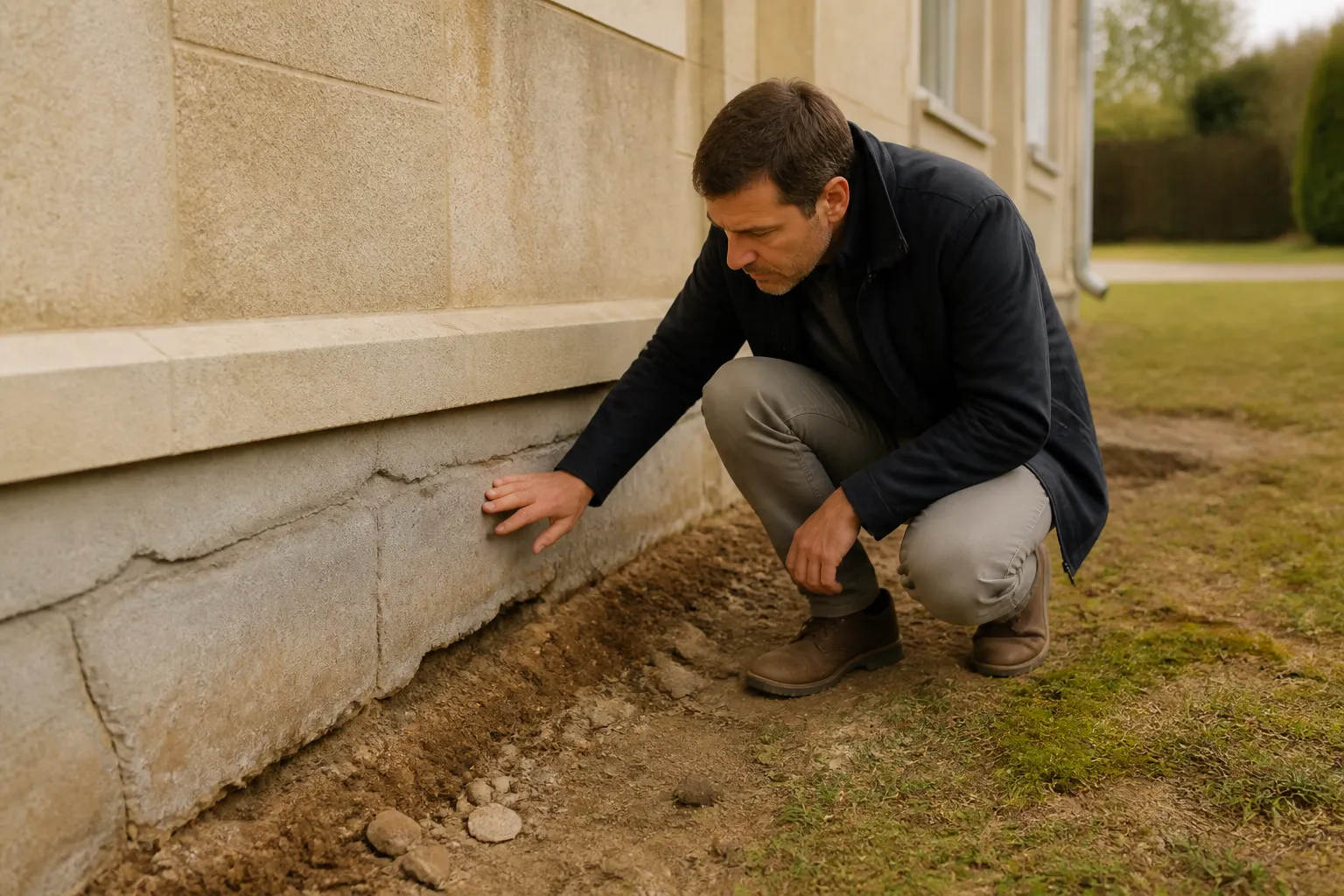 Expert en bâtiment examinant les fondations et le niveau du sol d'une maison, en Gironde.