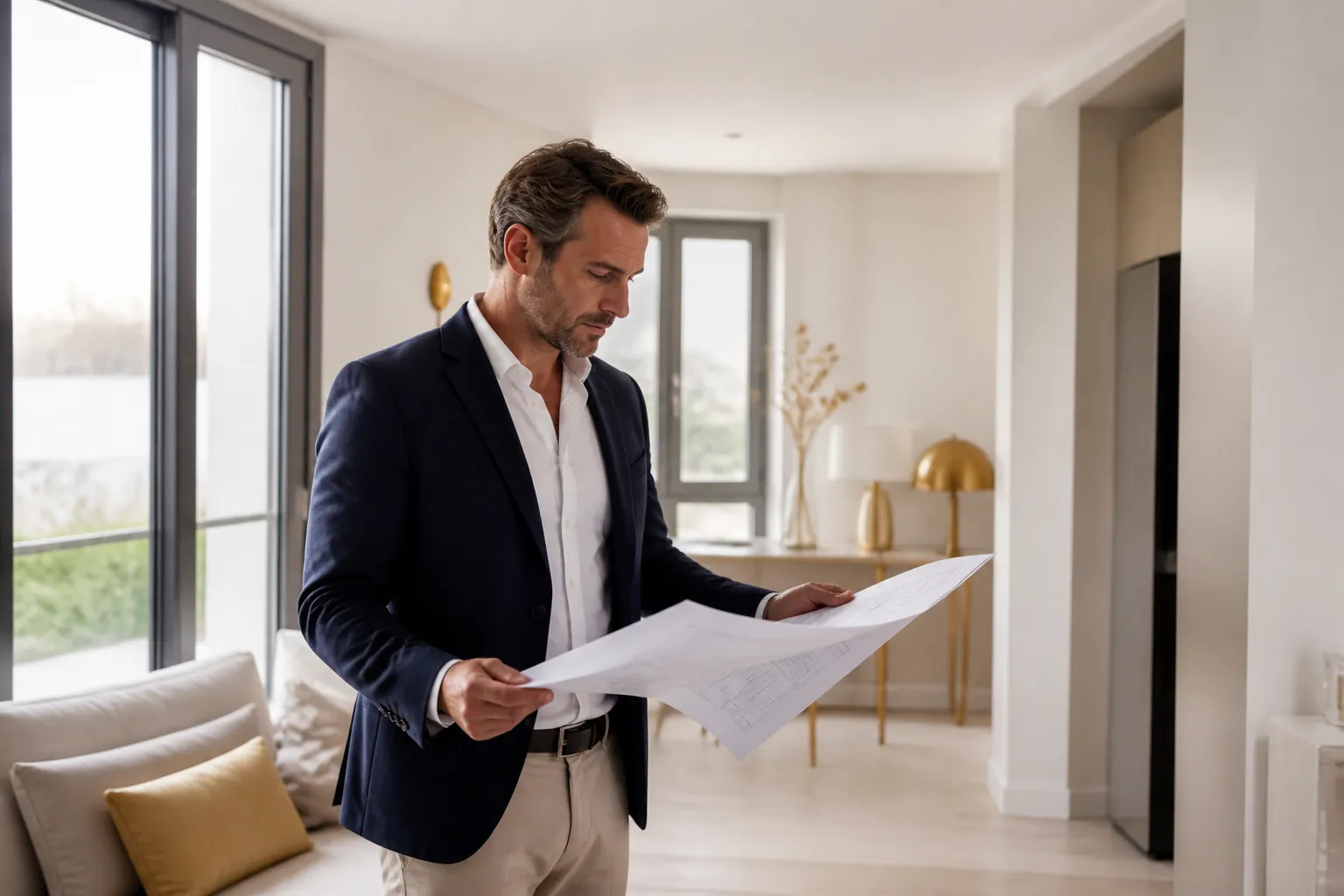 Expert en bâtiment consultant un plan dans un appartement neuf, en Gironde.