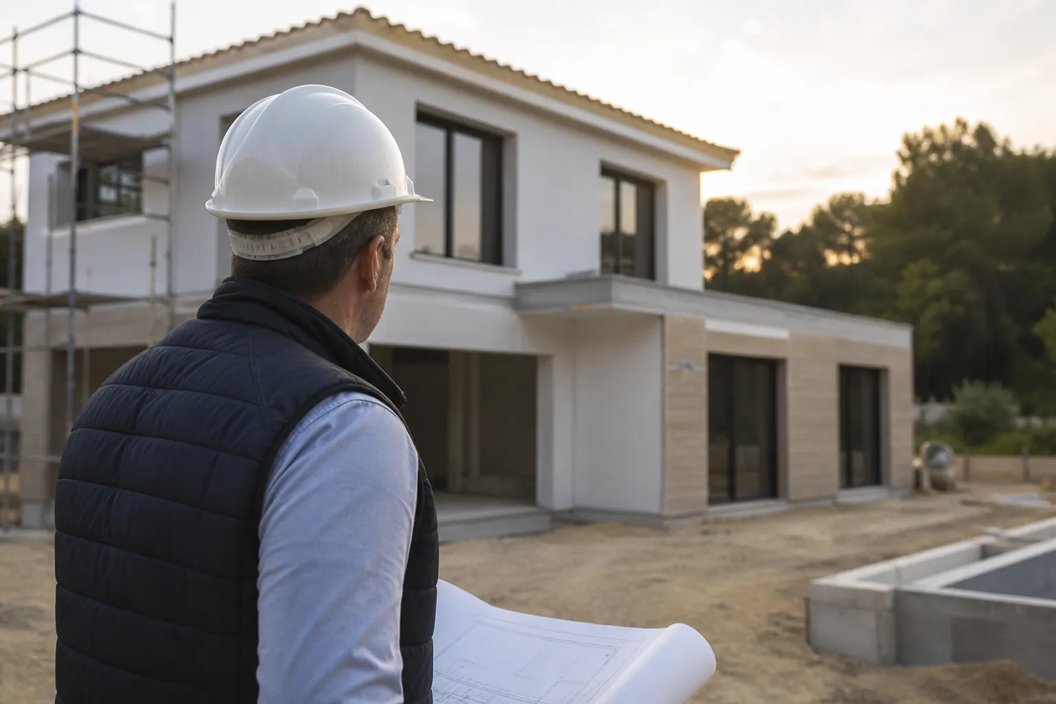 Expert en batiment avec un casque qui controle une maison neuve en construction, en Gironde.