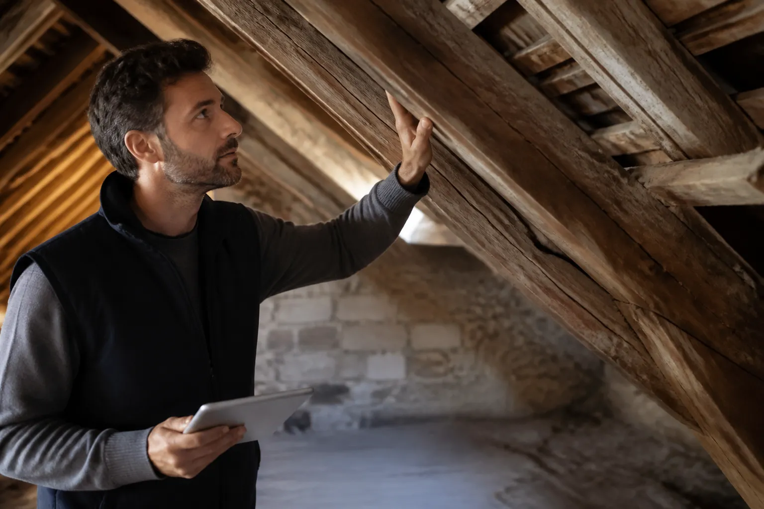 Expert en batiment qui inspecte une charpente ancienne, en Gironde.