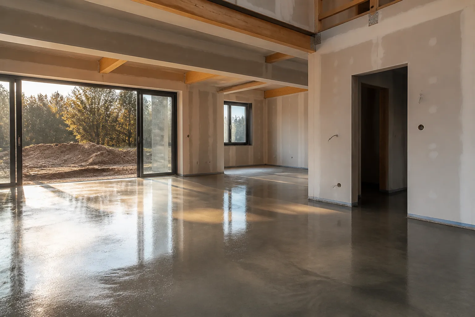 Chape de beton fraichement coulee dans une maison neuve, en Gironde.
