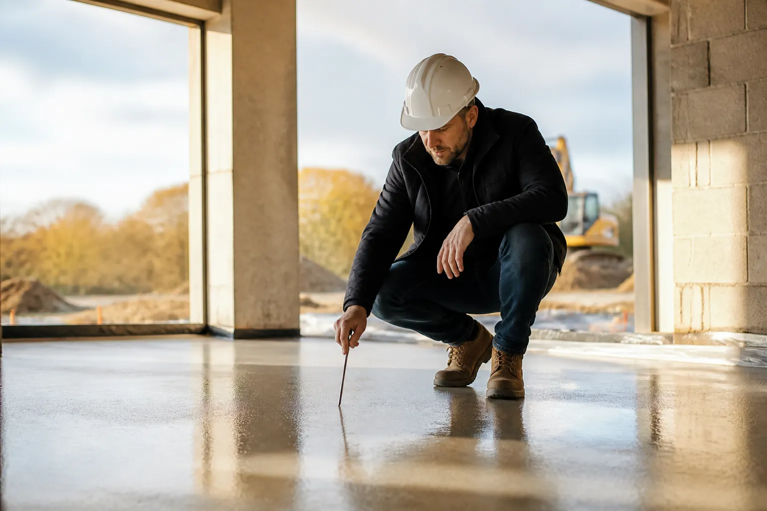 Expert en batiment avec un casque qui controle une chape sur un chantier, en Gironde.
